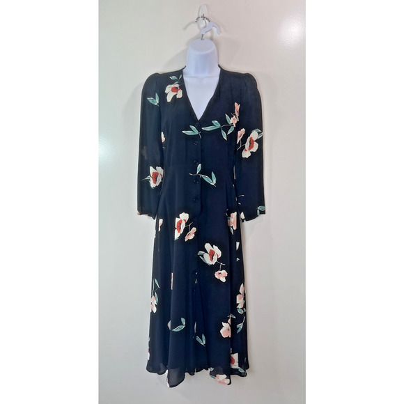 Reformation Women's Floral Cocktail Midi Dress‎ Size S 2 Black Pink Sheer Fairy - Picture 2 of 10